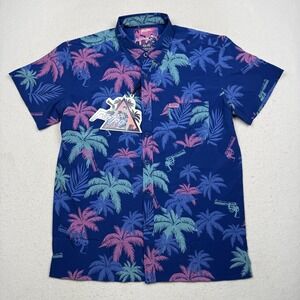 Retro Rifle Shirt Mens Large Blue Vice City Palm Tree Gun Hawaiian Button Up